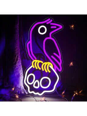 Crow Skull Neon Sign Dimmable Skull Crow Neon Light Horror Halloween Theme Neon